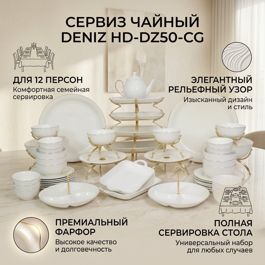 Сервиз на 12 персон Deniz рельефный узор, предметов: 50, чайный, фарфор