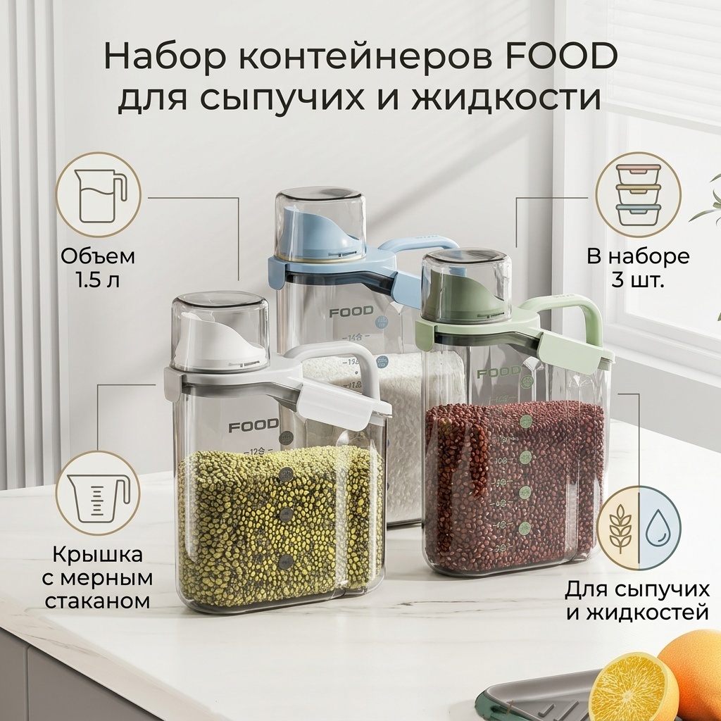 Набор контейнеров FOOD для сыпучих и жидкости, пластик