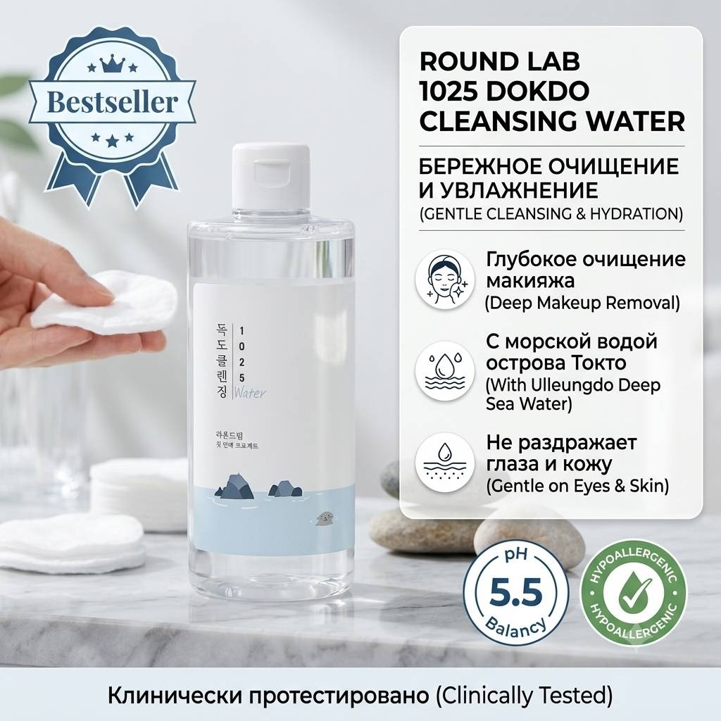 Round Lab LAB 1025 Dokdo Cleansing Water — Бережное очищение и увлажнение мицеллярная вода 400 мл