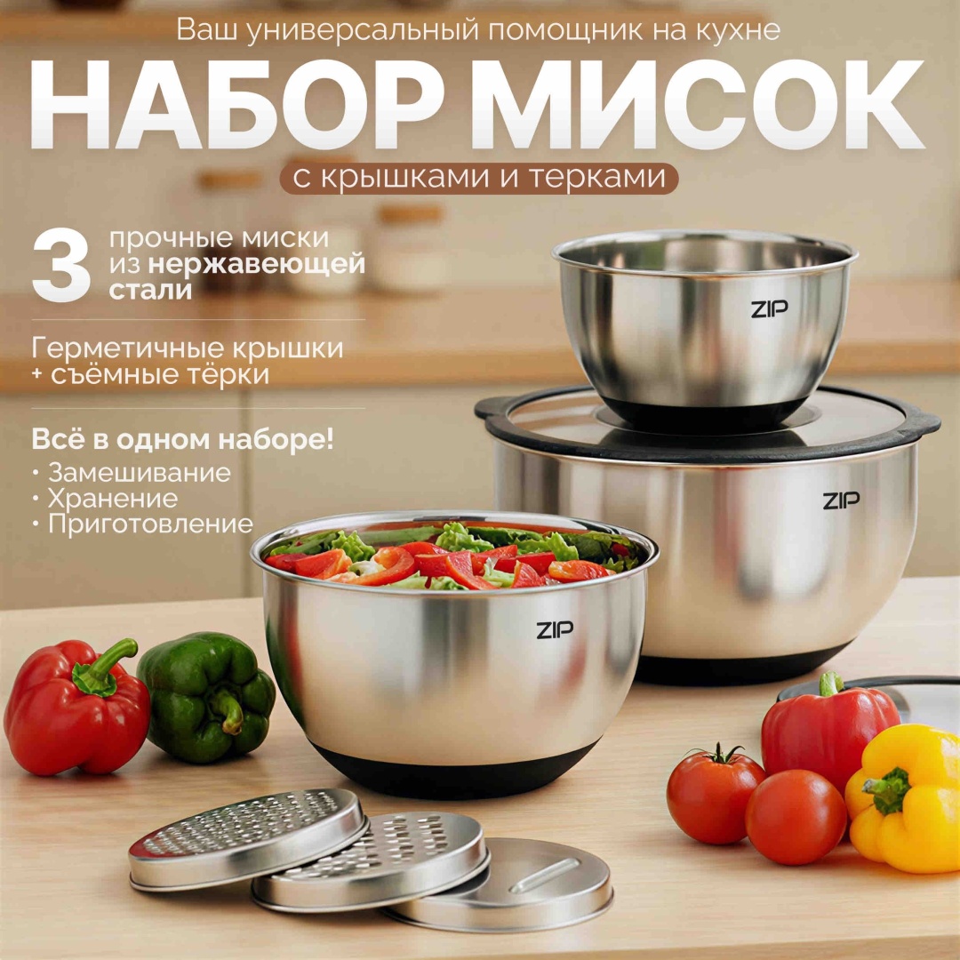 Набор мисок ZIP MSA 3 шт, нержавеющая сталь, 25х15 см