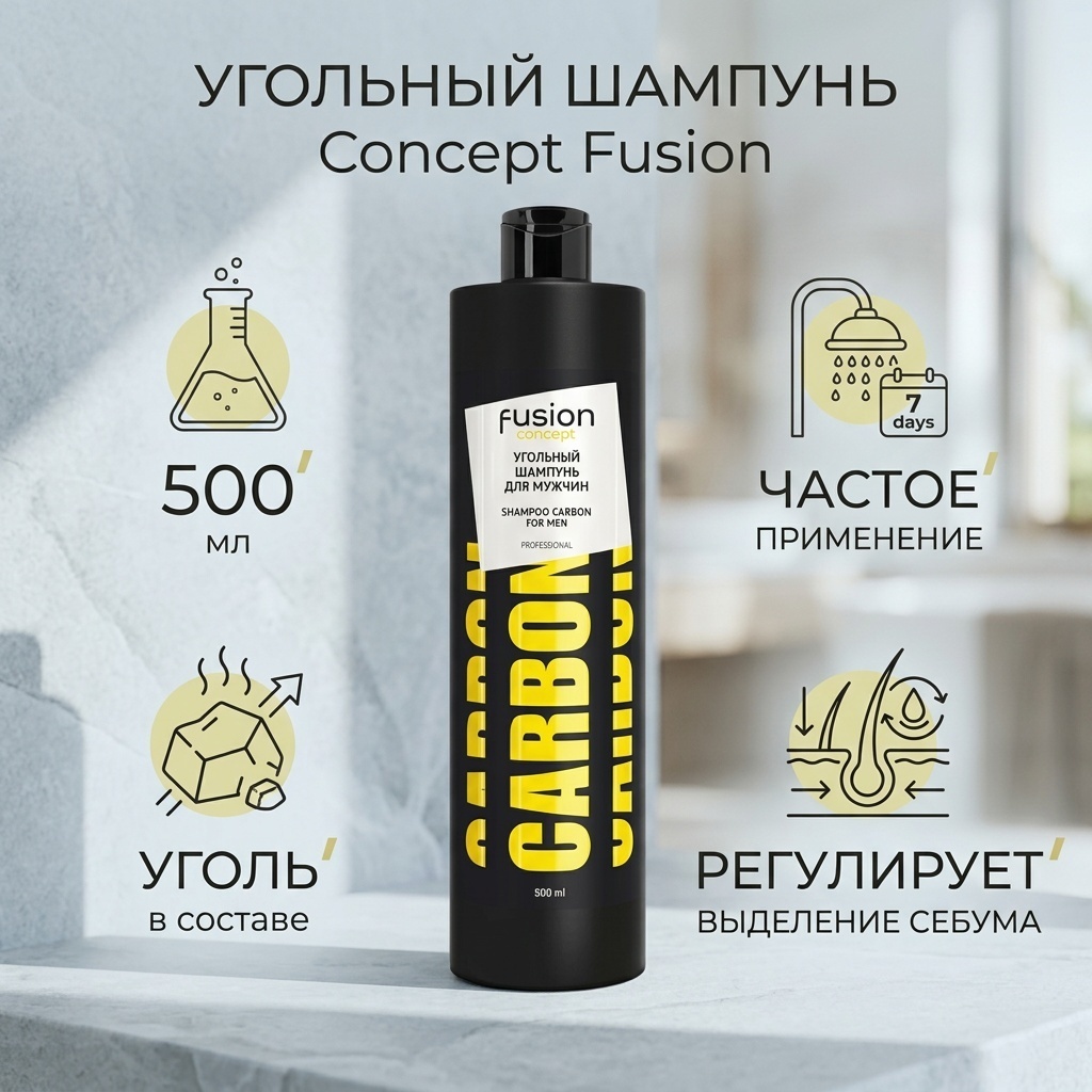 Угольный шампунь Concept Fusion для мужчин глубоко очищает и успокаивает кожу головы, 500 мл