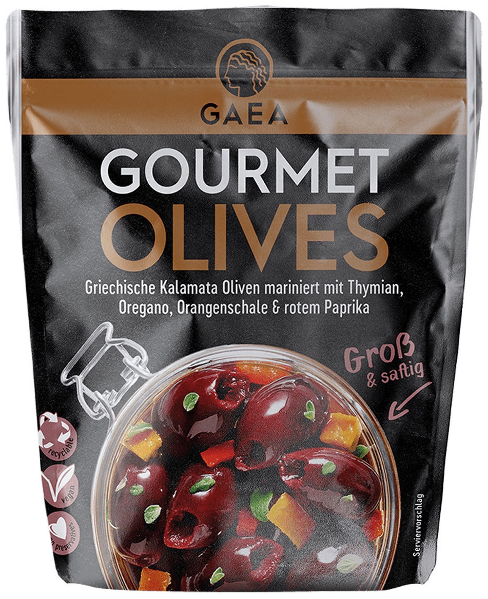GAEA Gourmet оливки каламата с цедрой апельсина и красным перцем в вакууме 120 г