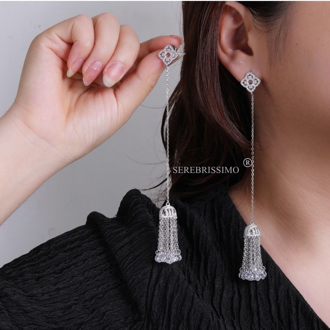 Серьги Serebrissimo S925-5-030 Кисточки с узором вес 12 г серебро, циркон