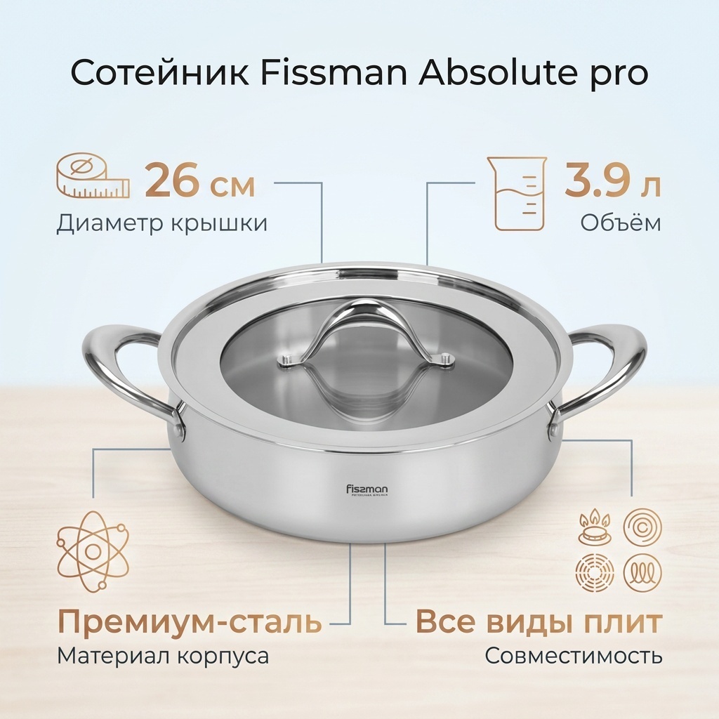 Сотейник 3.9 л, Fissman Absolute pro нержавеющая сталь