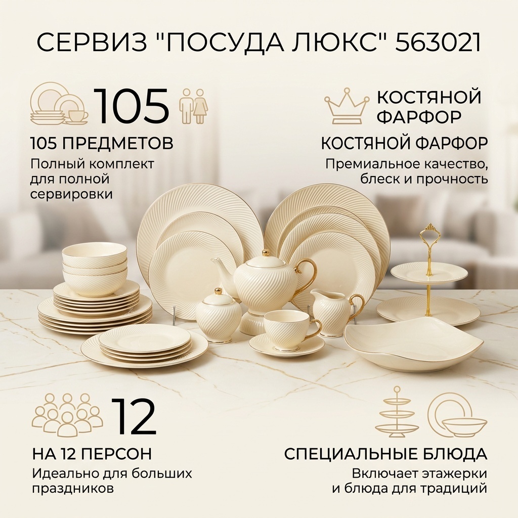 Сервиз на 12 персон Посуда Люкс , предметов: 105, чайно-столовый, костяной фарфор