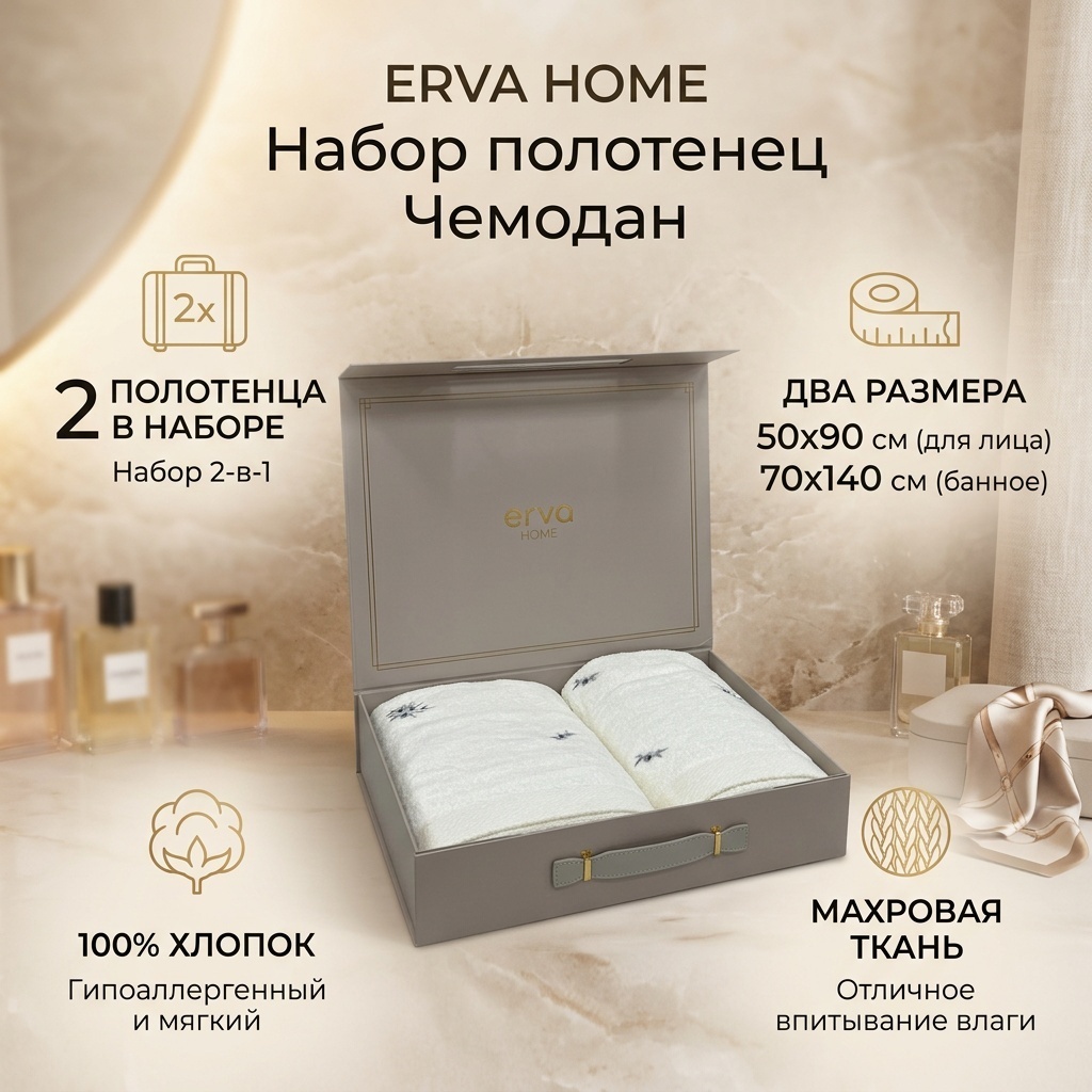 Набор полотенец ERVA HOME 140x70 см, хлопок, махровая ткань, 2 шт,