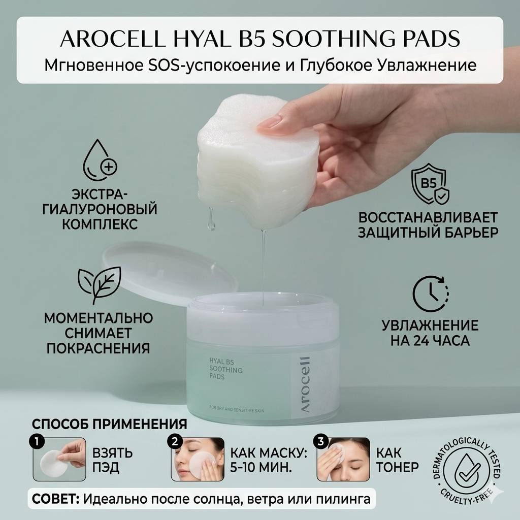 AROCELL тонер-пэды Hyal B5 Soothing Pads — Ваша «скорая помощь» для кожи 250 мл