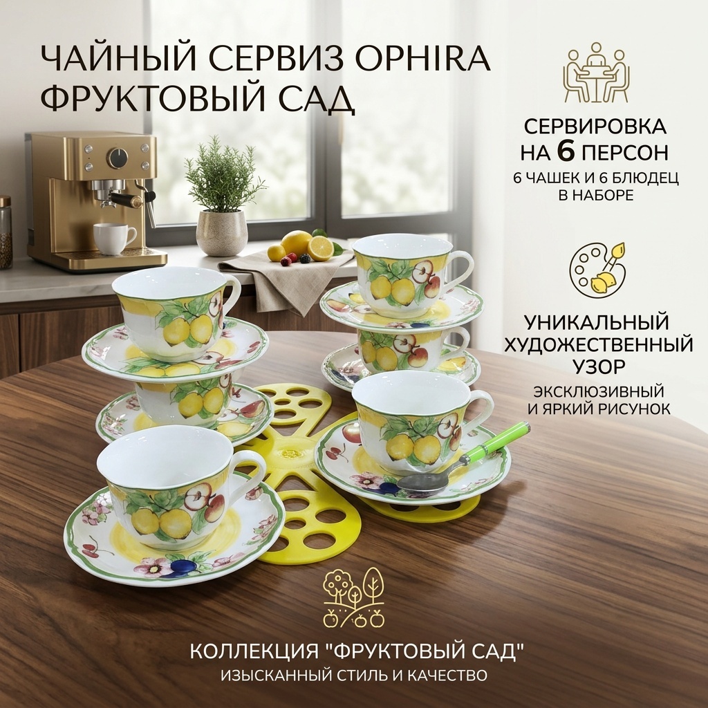 Сервиз на 6 персон ФРУКТОВЫЙ САД, предметов: 12, чайный, фарфор