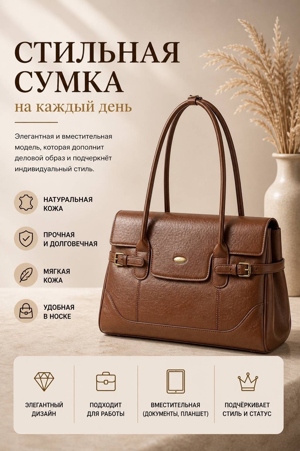 Сумка шоппер натуральная кожа коричневый