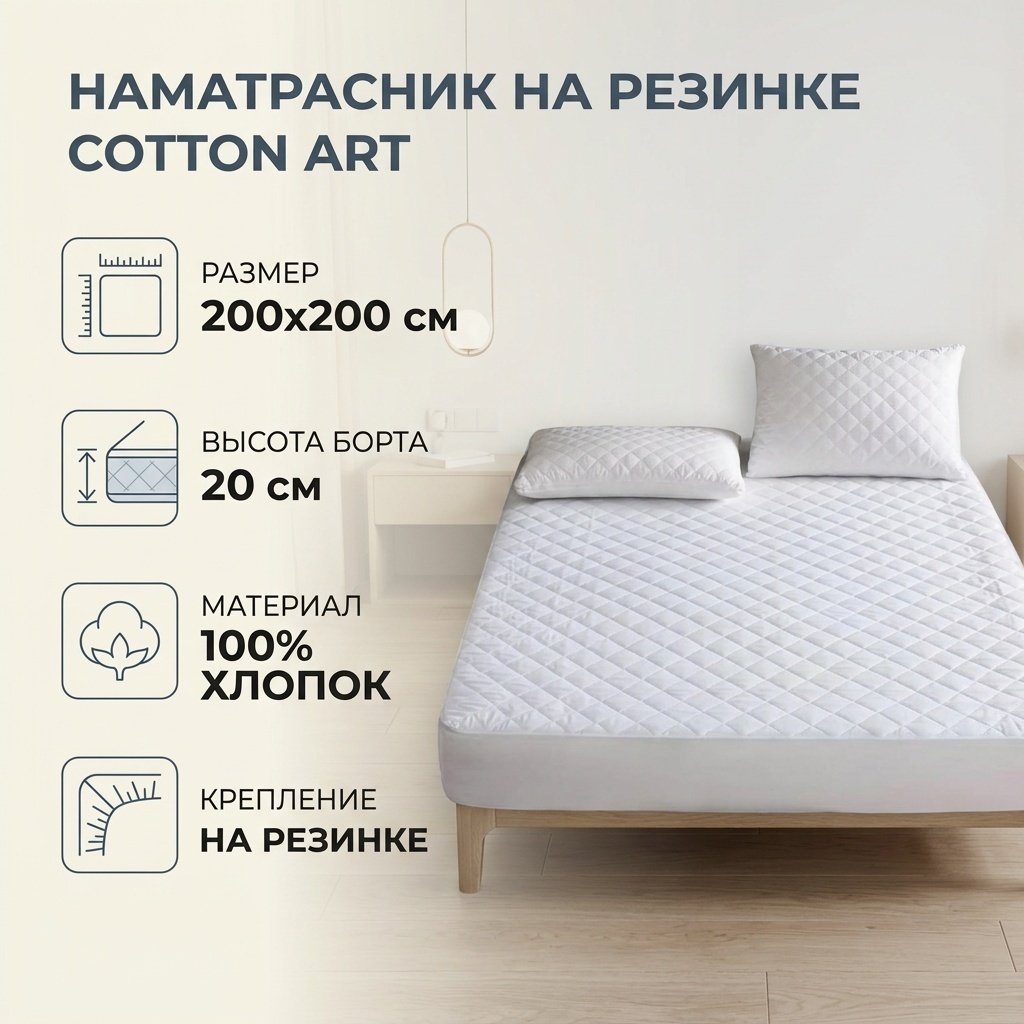 Cotton Art наматрасник на резинке 896782353 200x200 см, хлопок