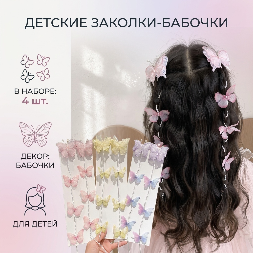 Заколка 4 шт, розовый, фиолетовый