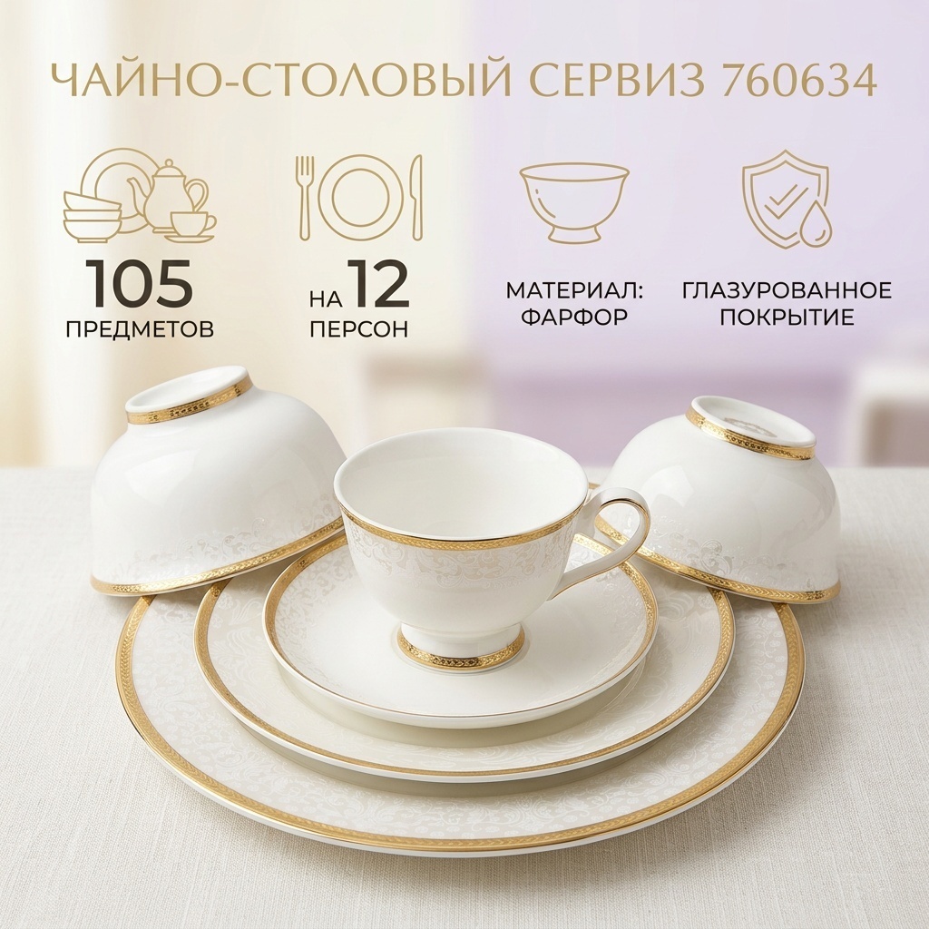Сервиз на 12 персон , предметов: 105, чайно-столовый, фарфор