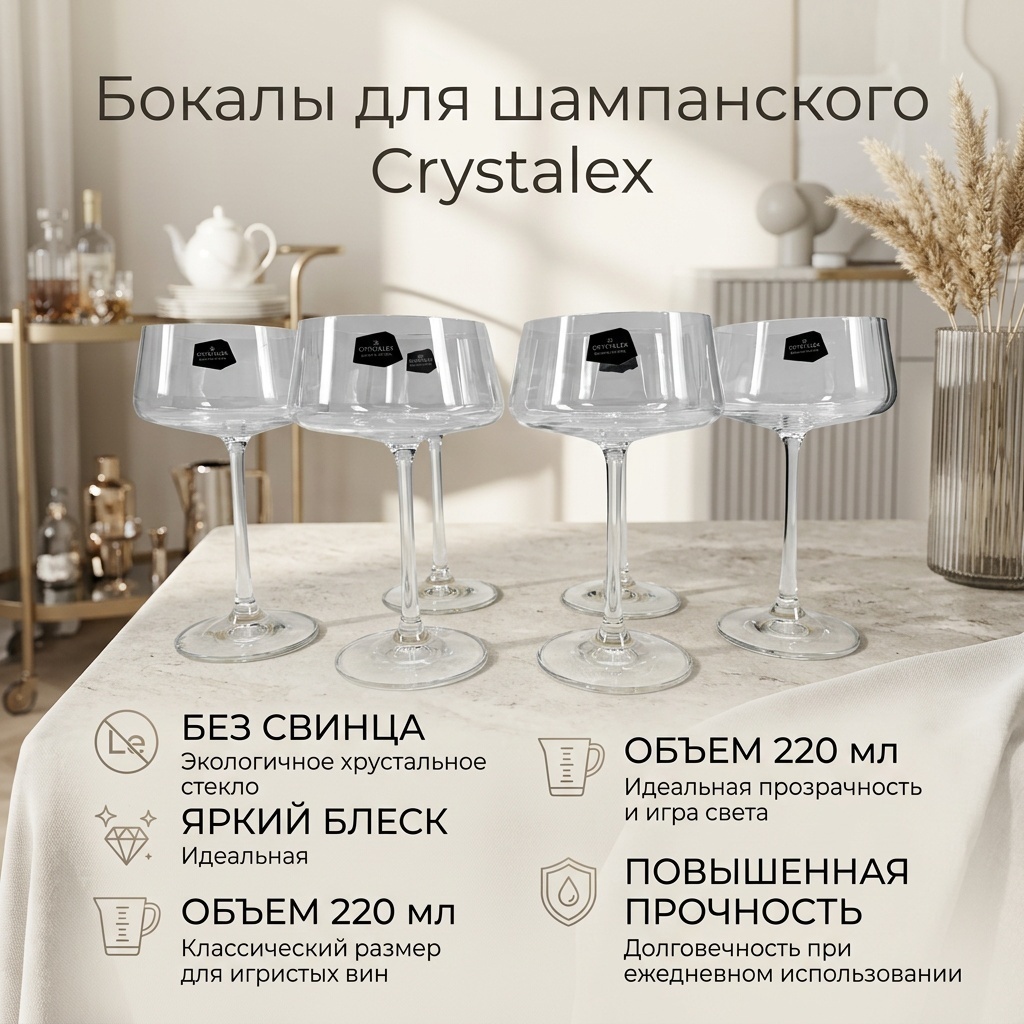 Бокал Crystalex 220 мл, стекло, 6 шт