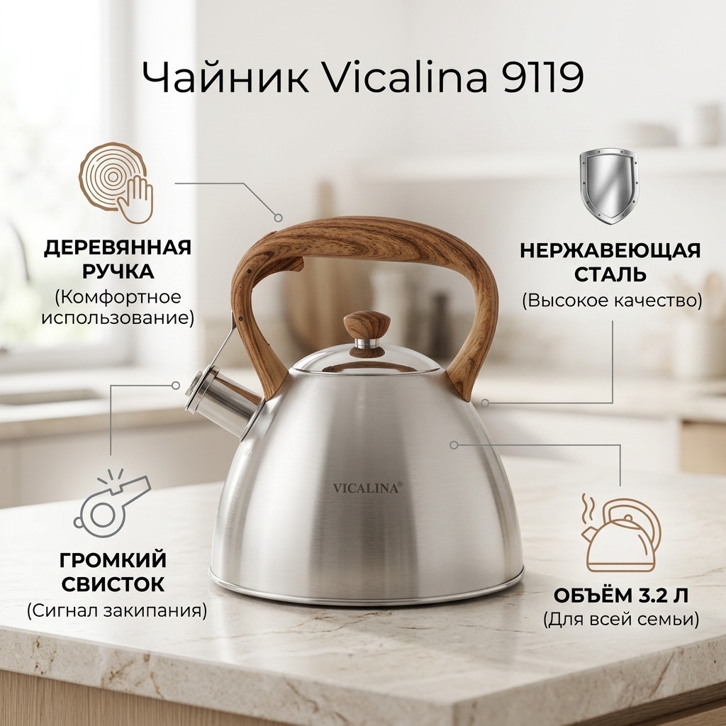 Vicalina чайник 9119 3.2 л, нержавеющая сталь