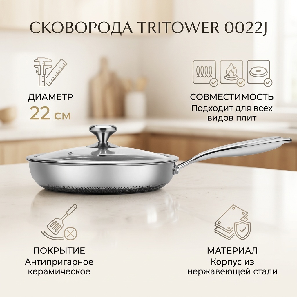 Сковорода TriTower 22 см с антипригарным покрытием, нержавеющая сталь