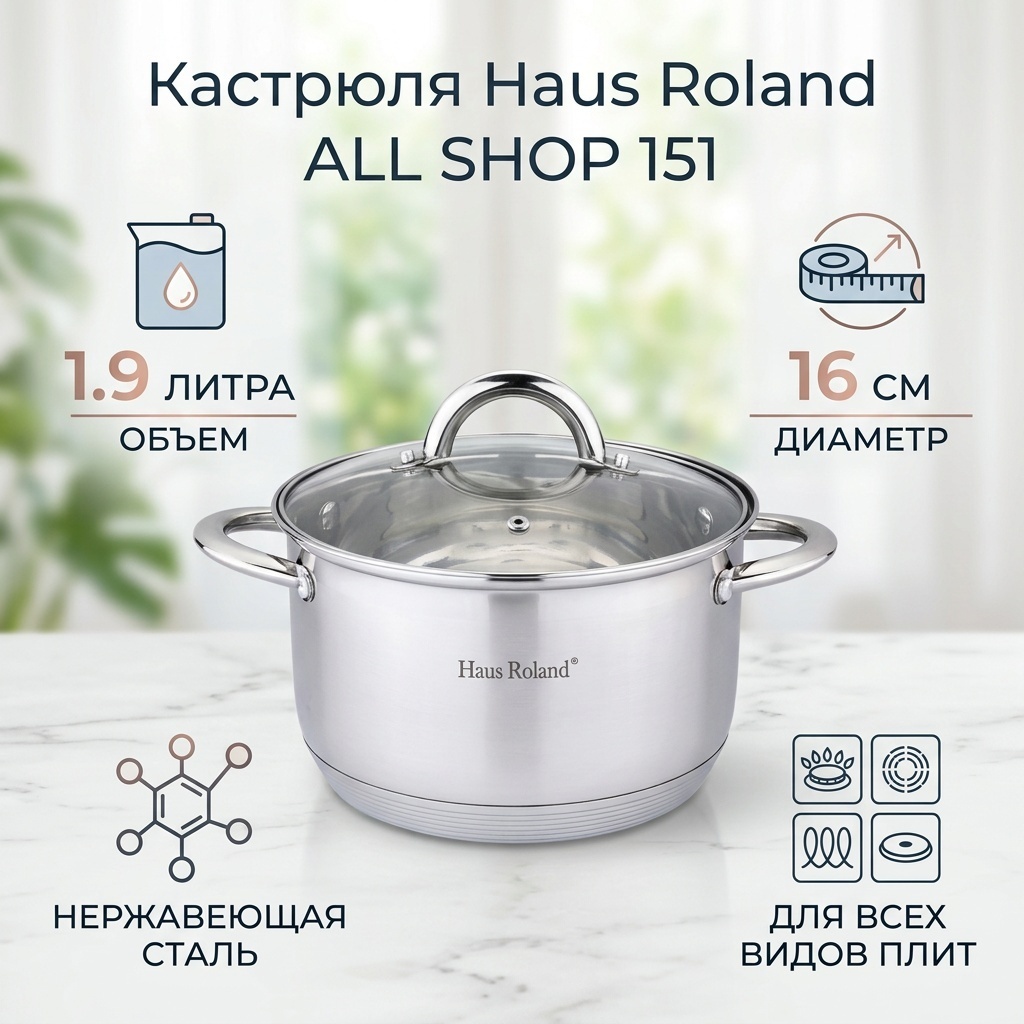 Кастрюля 1.9 л, Haus Roland ALL SHOP 151 нержавеющая сталь