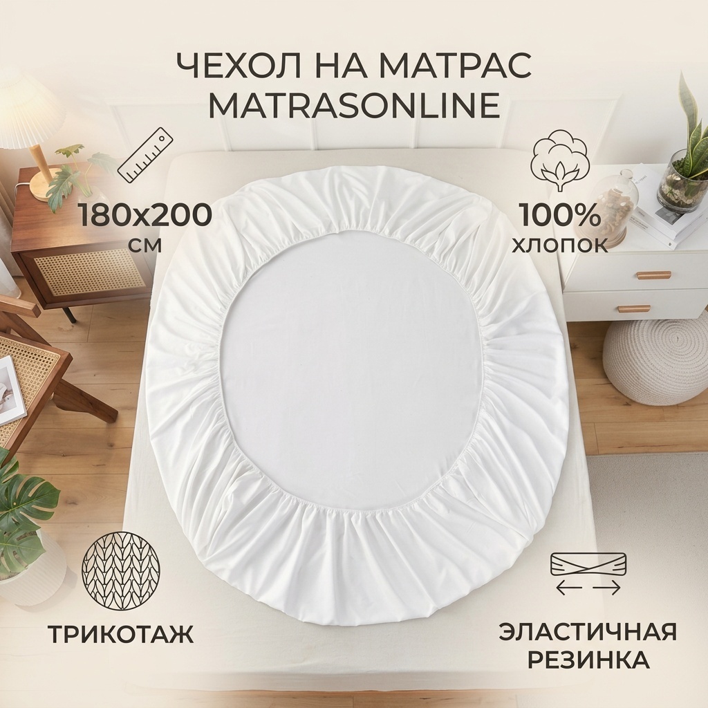 MatrasOnline чехол на матрас на резинке Наматрасник 180 на 200 180x200, хлопок, трикотаж