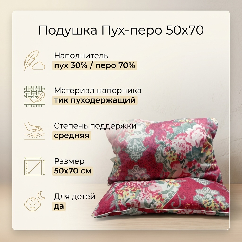 Подушка Иваново 50x70 см, пух, перо