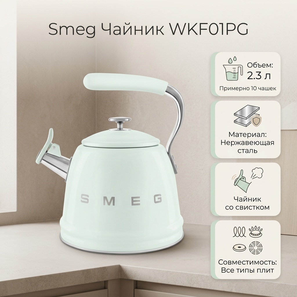 Smeg чайник WKF01PG 2.3 л, нержавеющая сталь