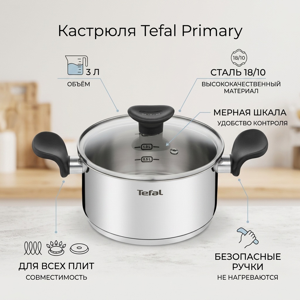 Кастрюля 3 л, Tefal E3084474 нержавеющая сталь