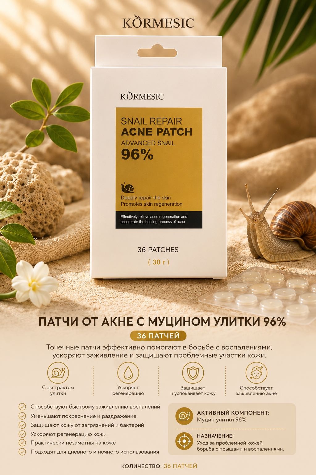 Патчи Kormesic гидроколлоидные Snail repair противовоспалительные 36 шт