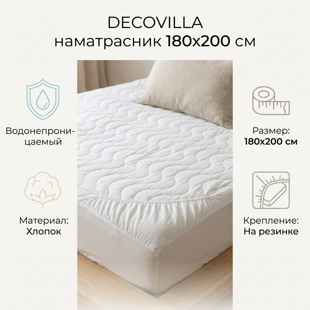 DECOVILLA наматрасник на резинке 2110100020889 180x200 см, хлопок