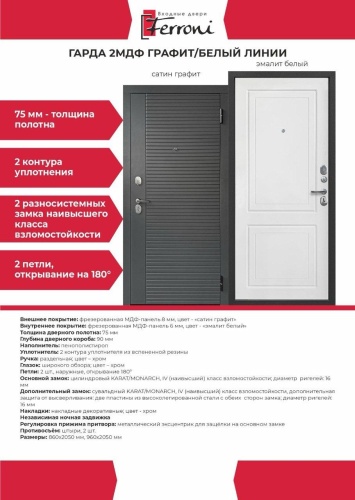 Ferroni ГАРДА 2МДФ ГРАФИТ/БЕЛЫЙ ЛИНИИ Эмалит Белый 2000x900, сталь, правая