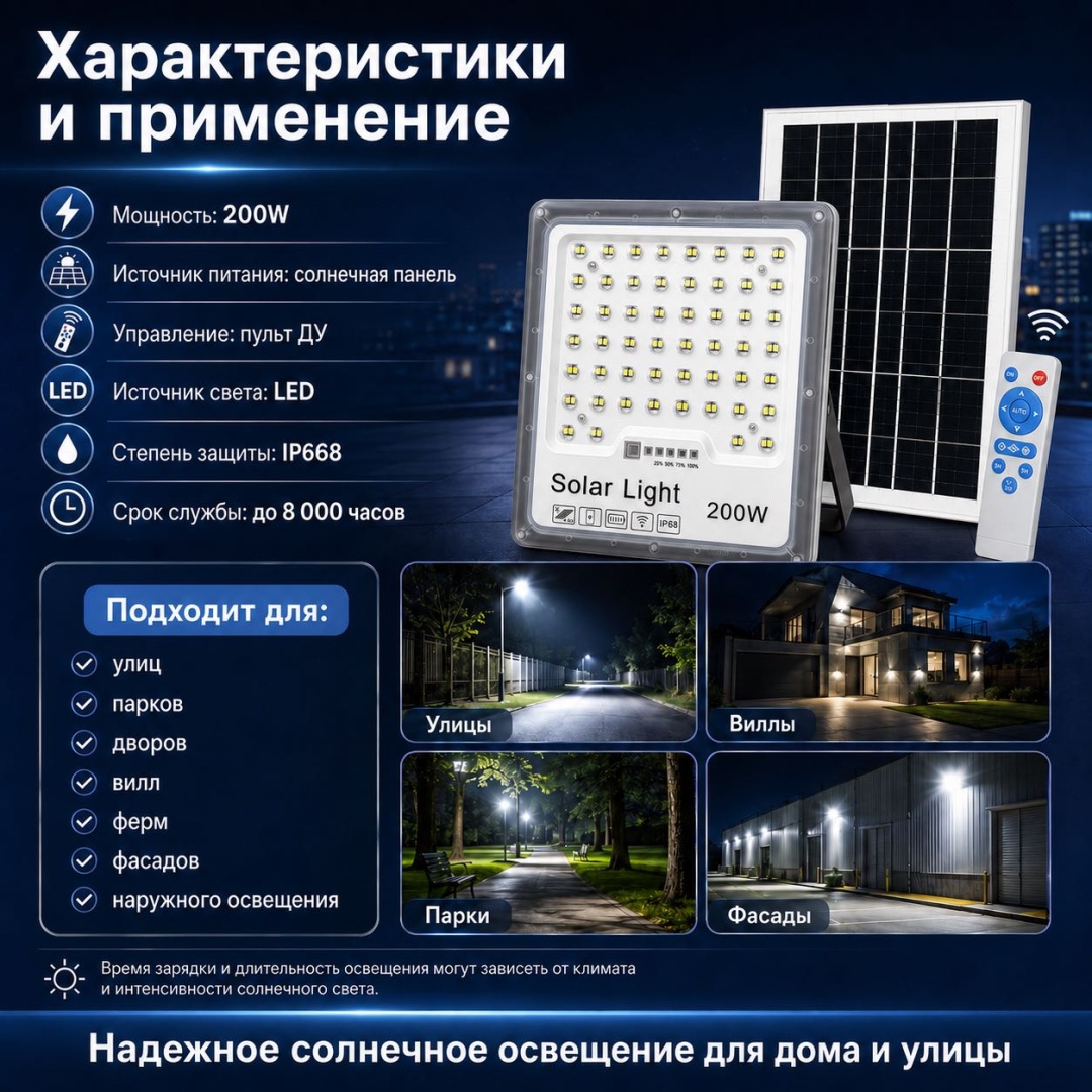 Прожектор на кронштейне Solar light 200 Вт, холодный белый