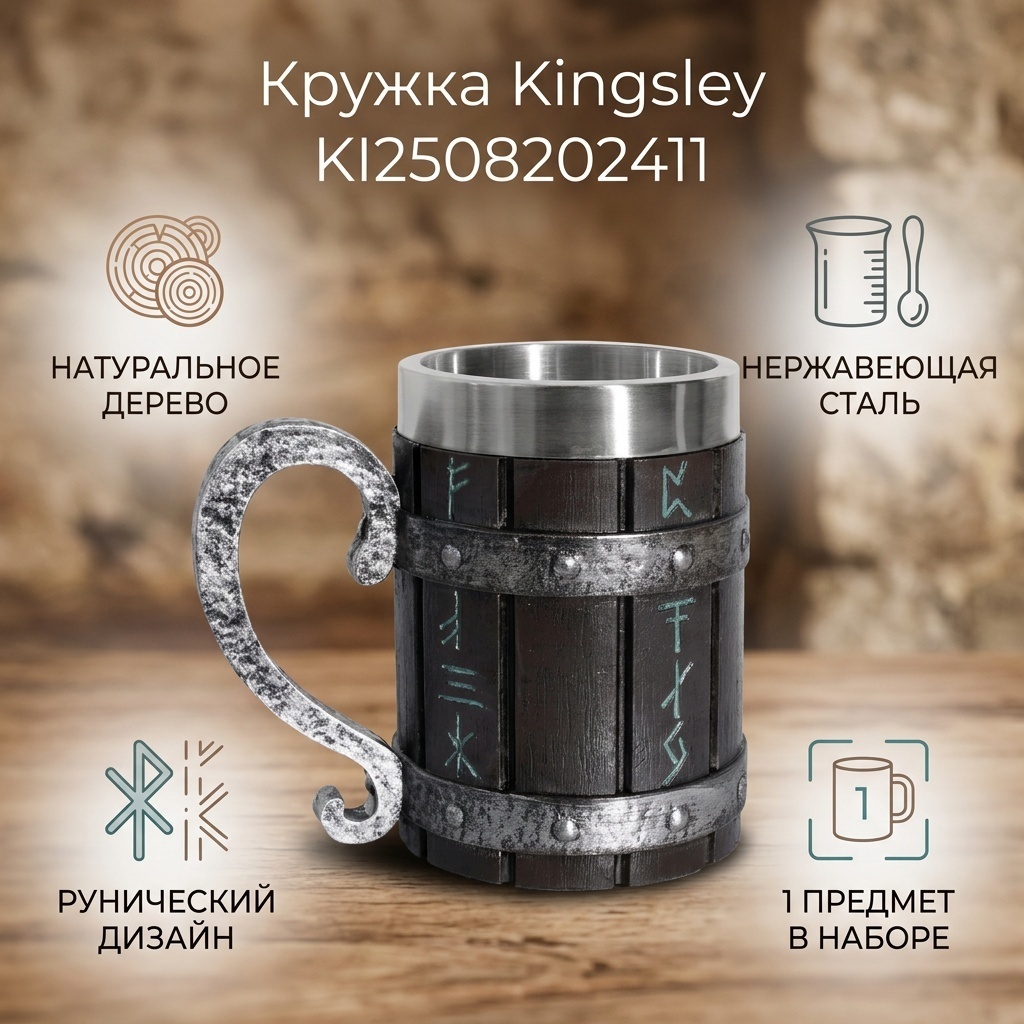 Кружка Kingsley , 450 мл, дерево, нержавеющая сталь, акрил, эмаль, 1 шт.
