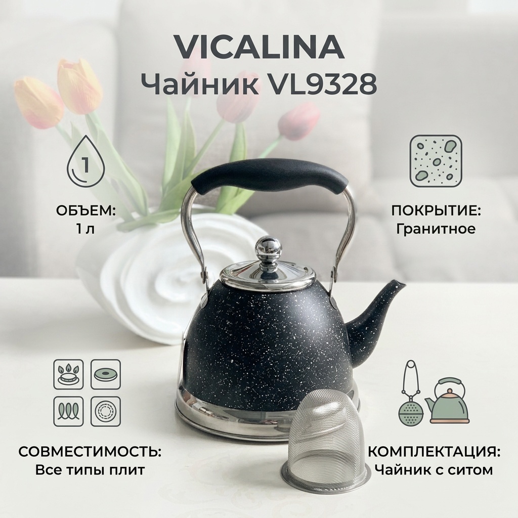 Vicalina чайник VL9328 1 л, нержавеющая сталь