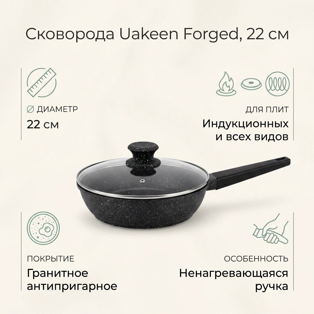 Сковорода Uakeen Forged 22 см с антипригарным покрытием, алюминий
