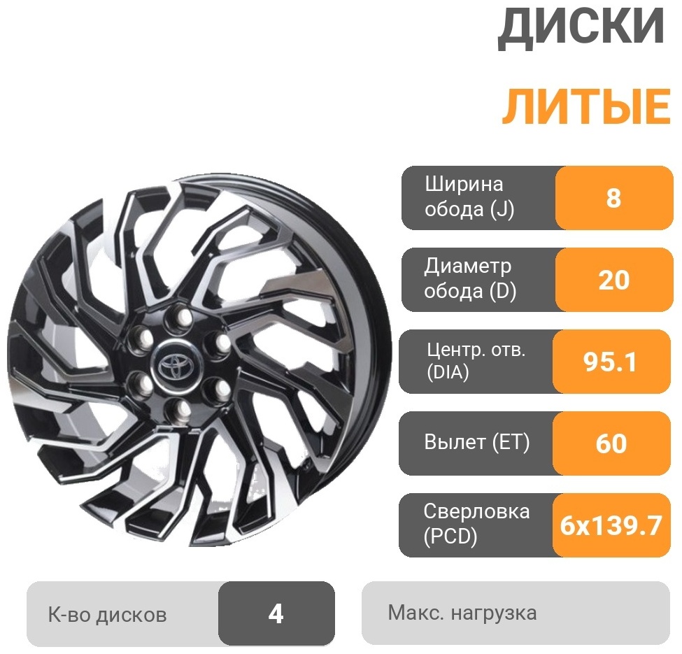 Kipardo HP964D 8x20/6x139.7 D95.1 ET60 4 диска черный, серебристый