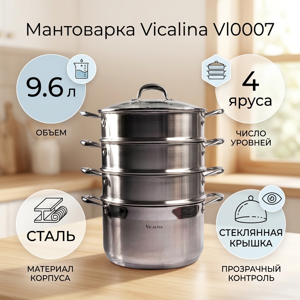 Мантоварка 9 л, Vicalina сталь, количество ярусов: 4