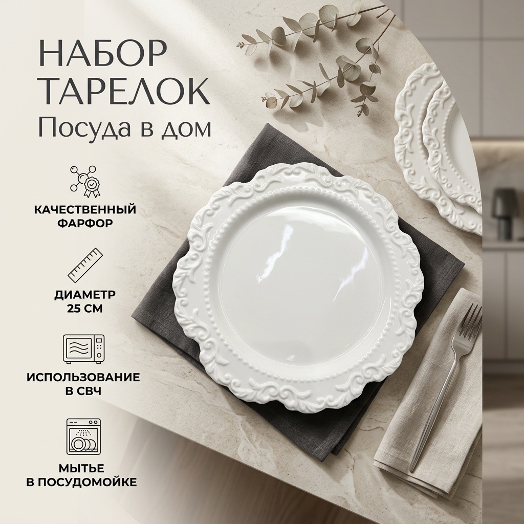 Набор тарелок Посуда в дом 25 см, 6 шт, фарфор
