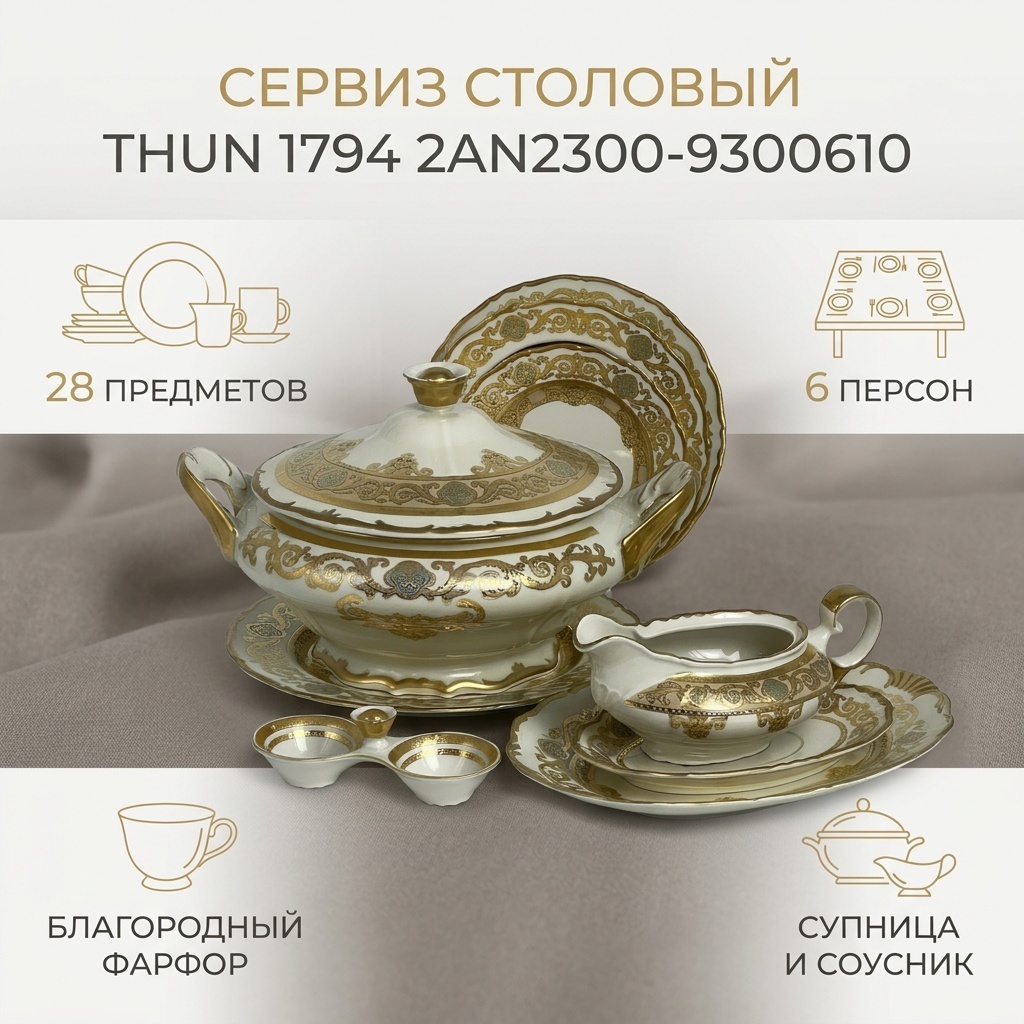 Сервиз на 6 персон Thun 1794 золотой, предметов: 28, столовый, фарфор