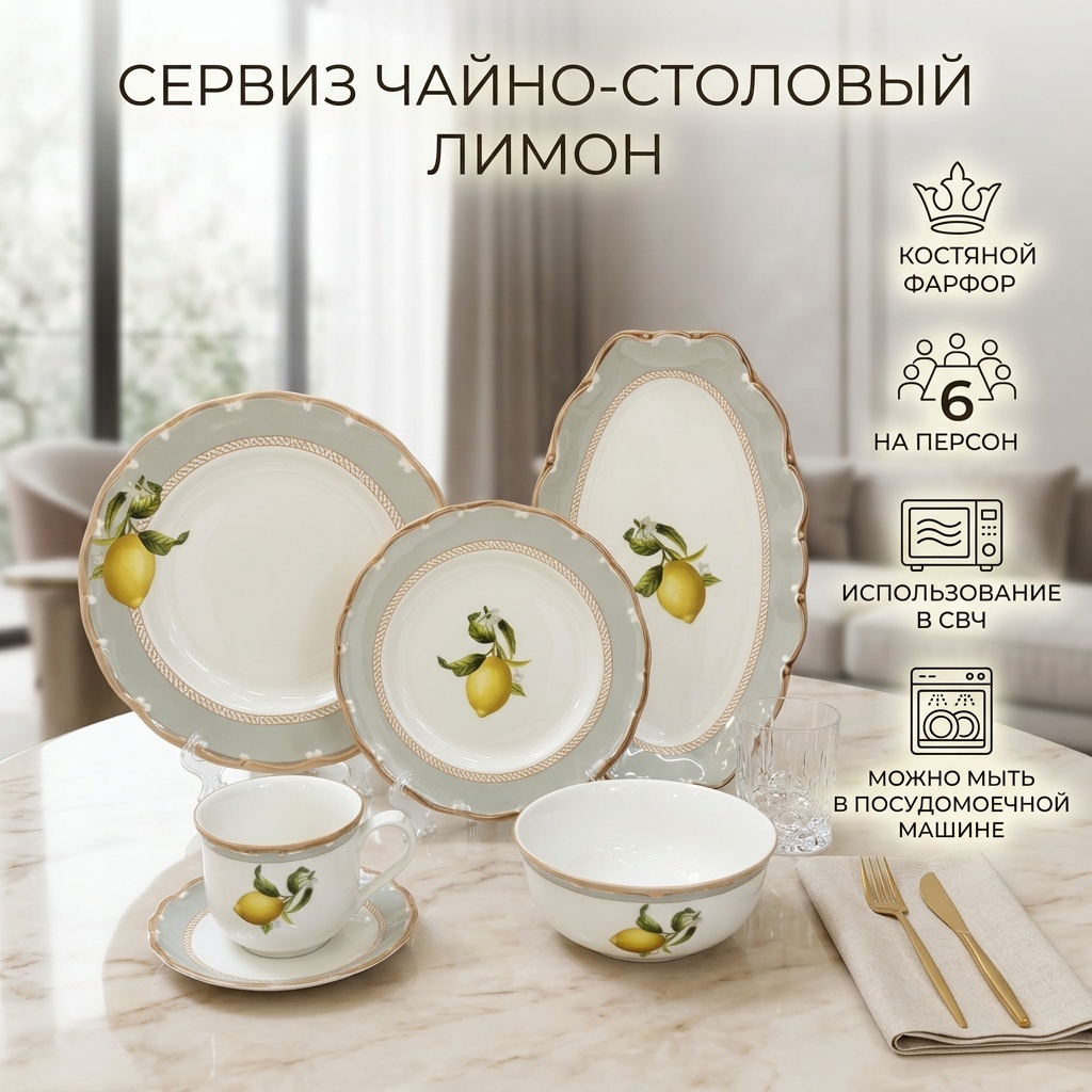 Сервиз на 6 персон Лимон, предметов: 32, чайно-столовый, костяной фарфор