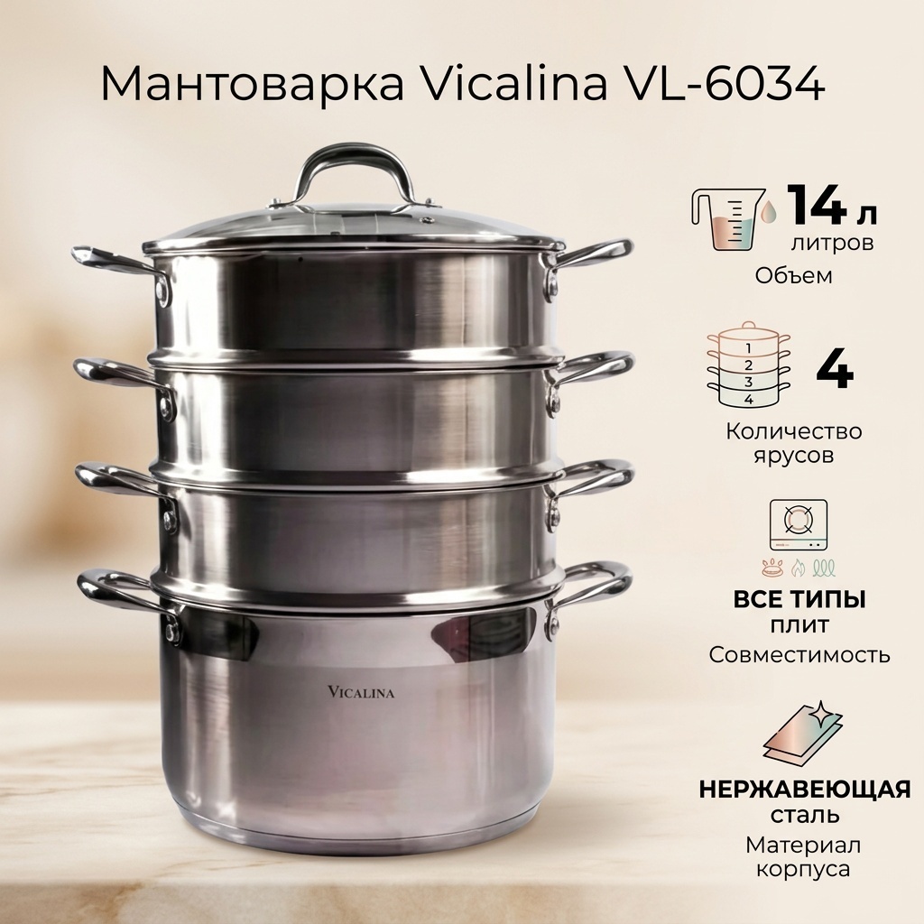 Мантоварка 14 л, Vicalina сталь, количество ярусов: 4