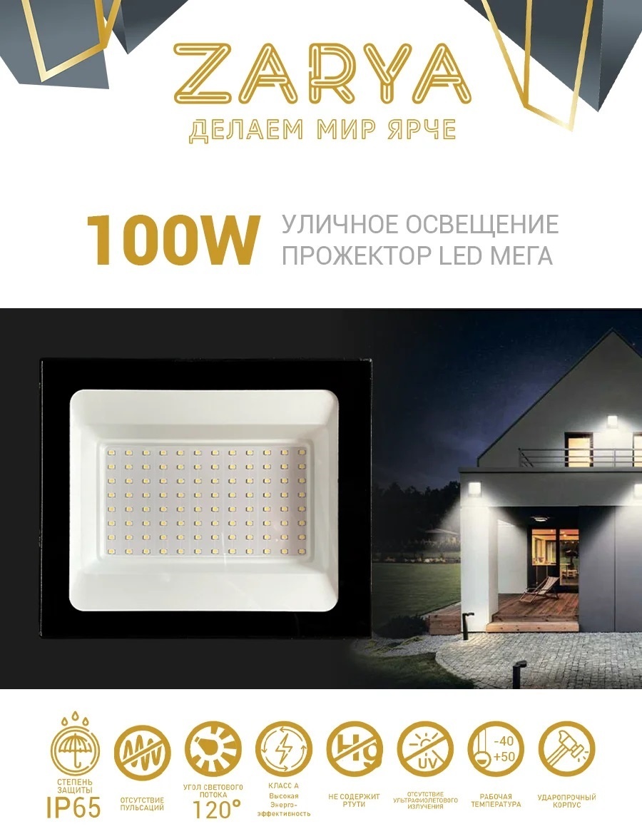 Прожектор на дуге крепления, консольный, на кронштейне Заря 100 Вт, холодный белый