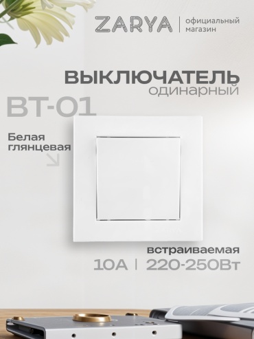 Выключатель клавишный Заря BT-01 УТР-1004820, белый