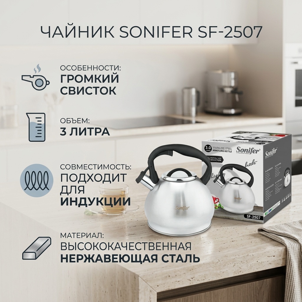 Sonifer чайник SF-2507 SF-2507 3 л, нержавеющая сталь