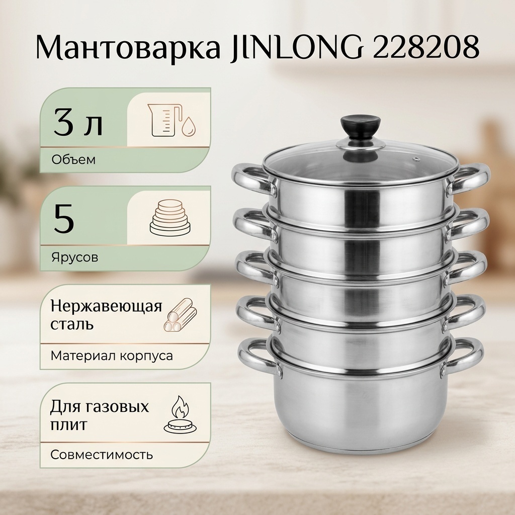Мантоварка 3 л, JINLONG нержавеющая сталь, количество ярусов: 5