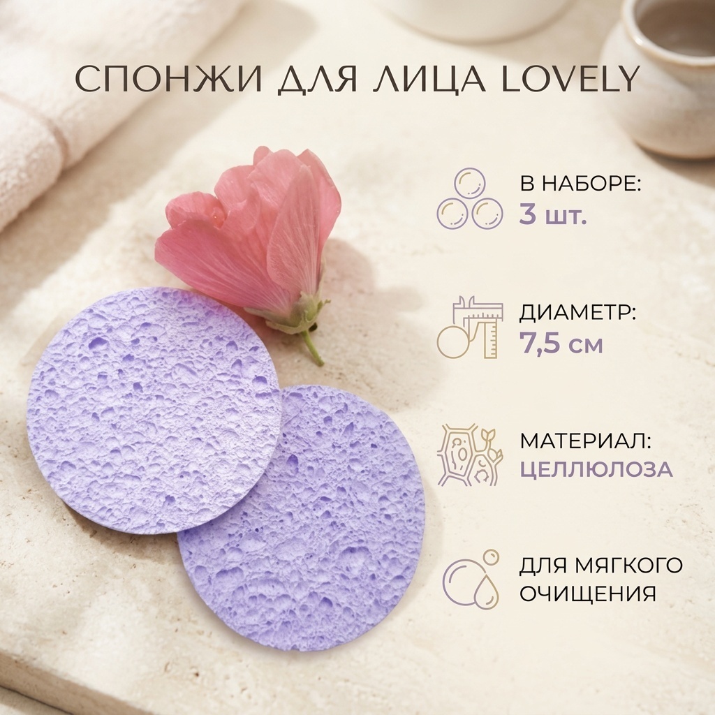 Lovely спонж для лица, для умывания фиолетовый 3 шт