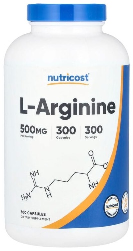Аминокислота Nutricost L-аргинин, 500 мг, 300 капсул нейтральный