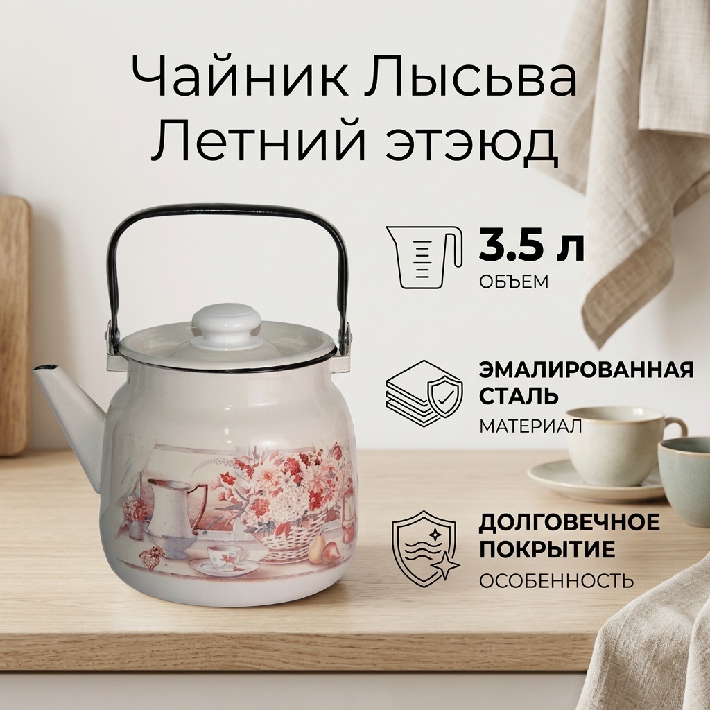Лысьва чайник Летний этюд С-2713П2/4ЖмРч 3.5 л, эмалированная сталь