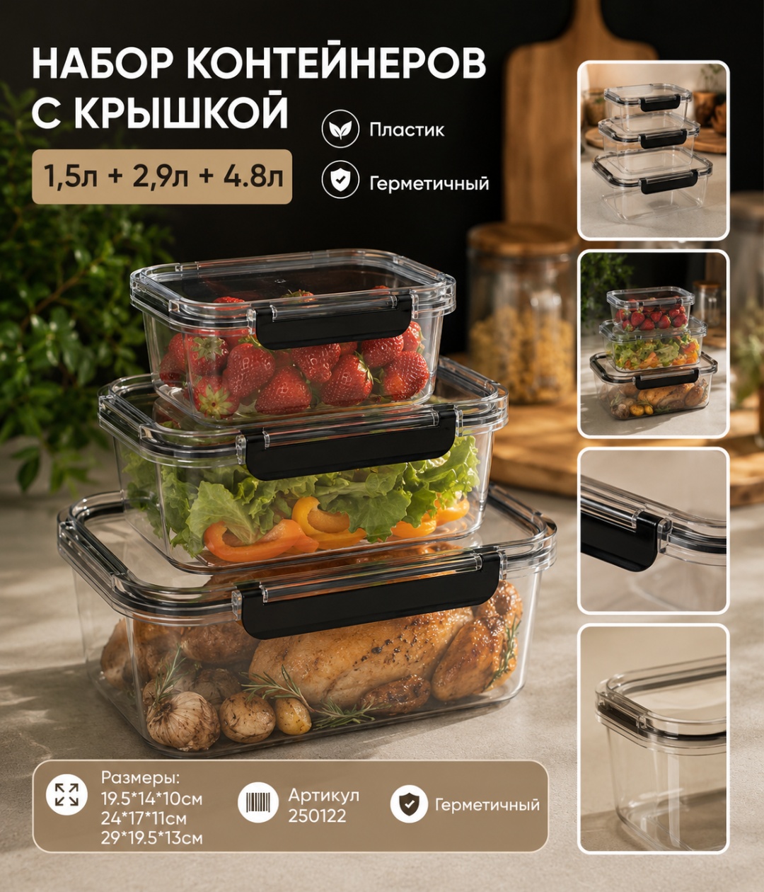 ОЛИМПИК набор контейнеров 250122 1,5л+2,9л+4,8л 3 шт, пластик