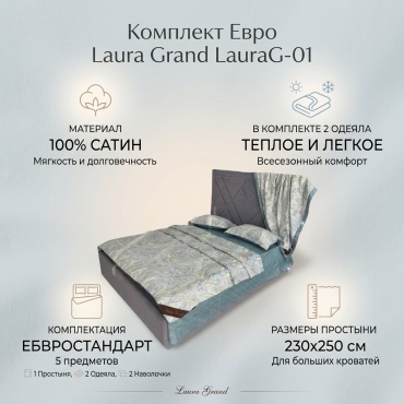 Комплект Laura Grand Serenade евростандарт сатин, 2 наволочки: 50x70 см