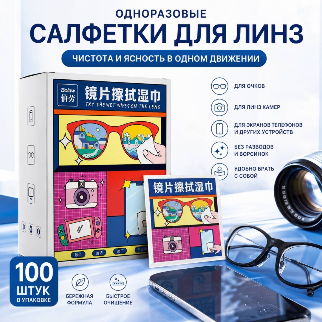 Влажные салфетки Для линз 100 шт