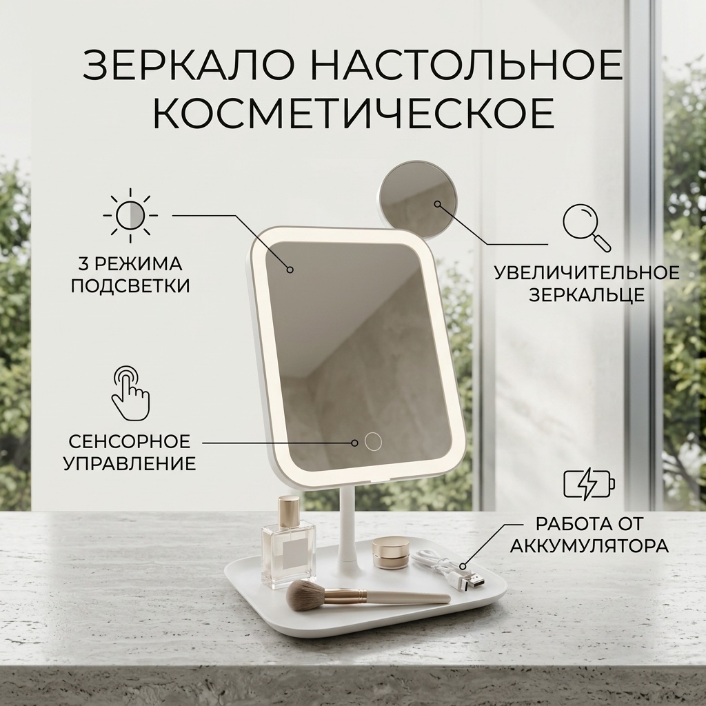 Зеркало настольное косметическое 112613049 19*14 размер зеркала, 29*19 размер конструкции
