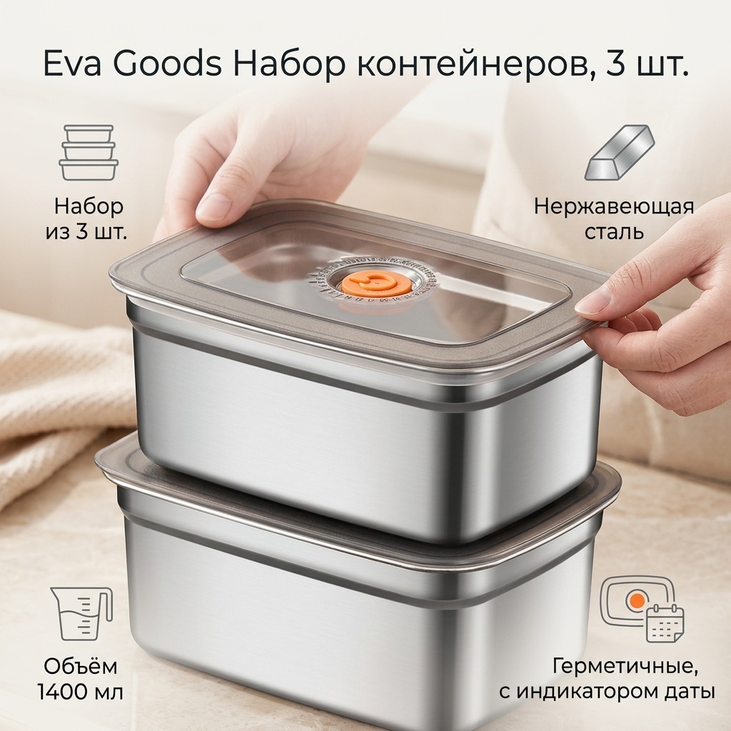 Eva Goods набор контейнеров сохраняют вкус и свежесть еды, 3 шт, нержавеющая сталь