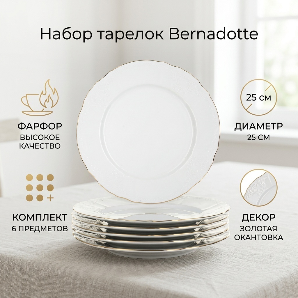 Набор тарелок Bernadotte 25 см, 6 шт, фарфор
